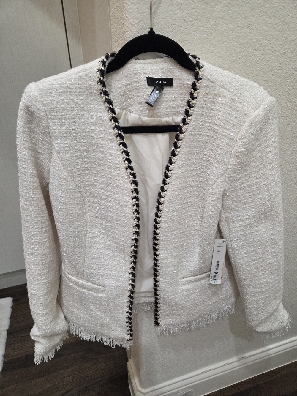 Aqua Ivory Tweed Open-Front Blazer with Black Trim - Picture 1 of 6